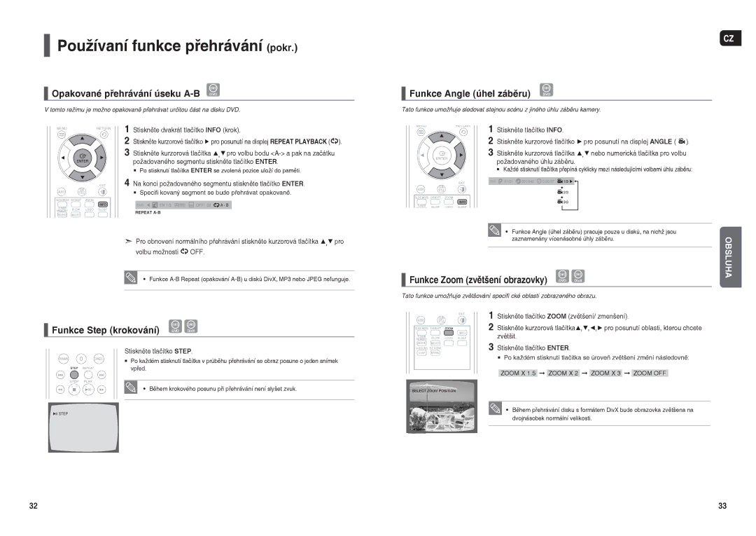 Samsung HT-X200R/XEO, HT-X200R/XEF Opakované přehrávání úseku A-B DVD, Funkce Step krokování, Funkce Angle úhel záběru 