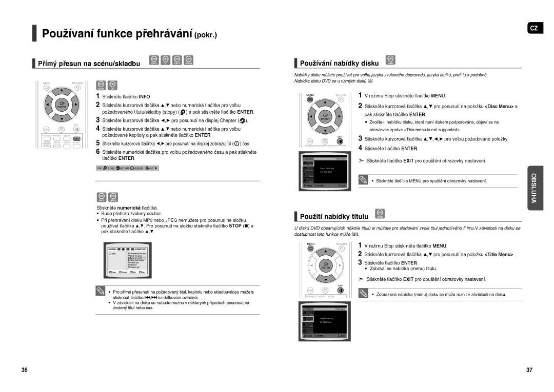 Samsung HT-X200R/XEO manual Přímý přesun na scénu/skladbu, Používání nabídky disku, Použití nabídky titulu, Tlačítko Enter 