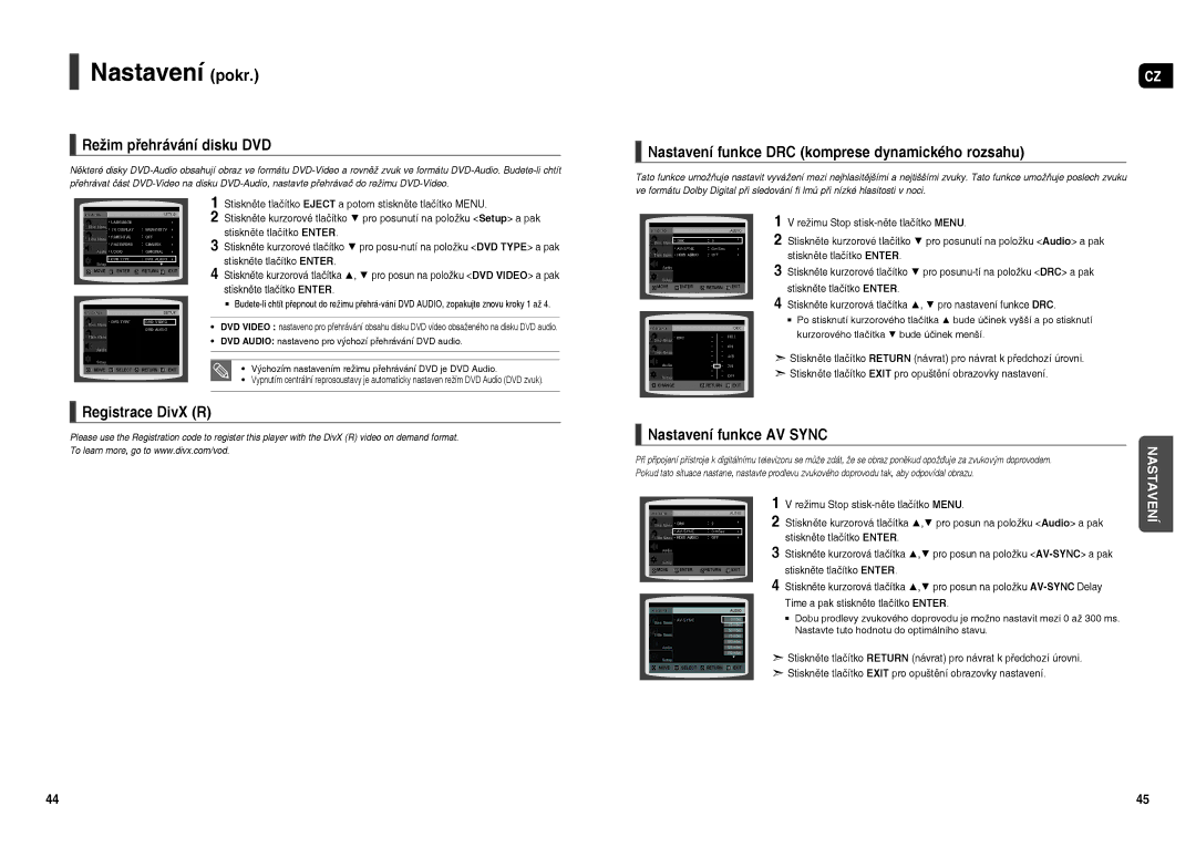 Samsung HT-X200R/XEO, HT-X200R/XEF manual Režim přehrávání disku DVD, Nastavení funkce DRC komprese dynamického rozsahu 