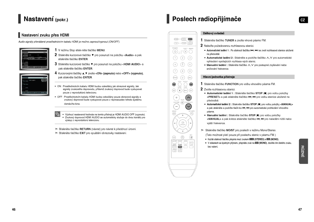 Samsung HT-X200R/XEF manual Poslech radiopřijímače, Nastavení zvuku přes Hdmi, Dálkový ovladač, Hlavní jednotka přístroje 