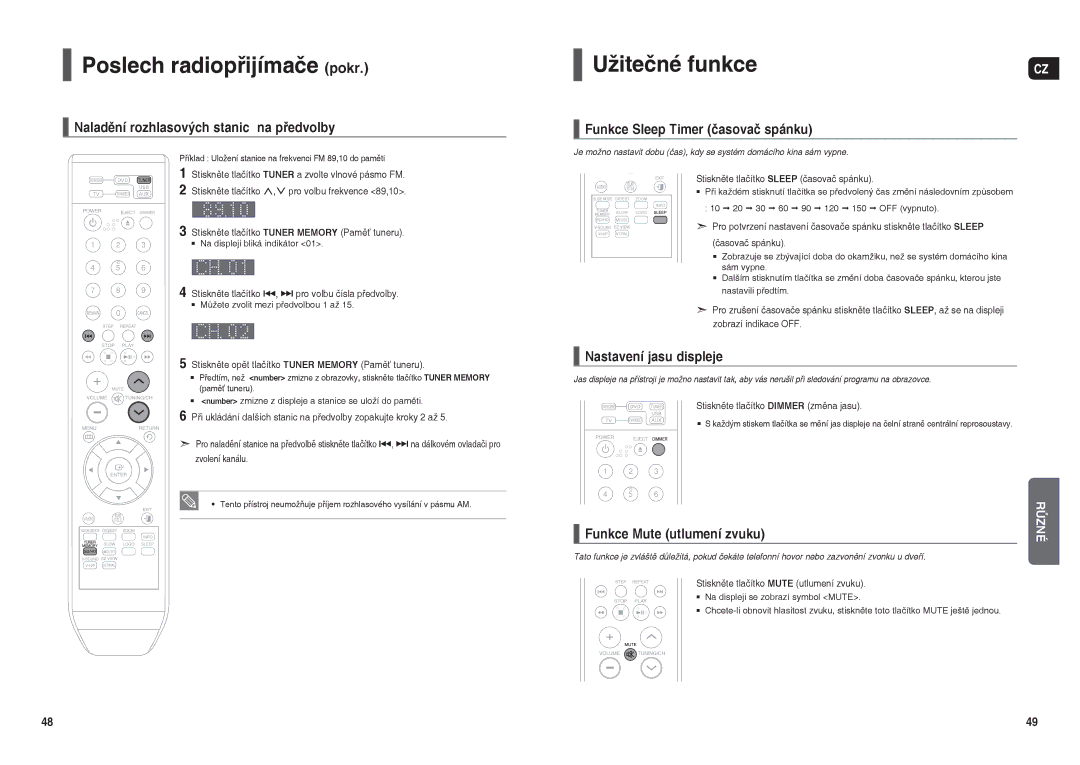 Samsung HT-X200R/XEO, HT-X200R/XEF manual Poslech radiopřijímače pokr, Užitečné funkce, Funkce Mute utlumení zvuku 