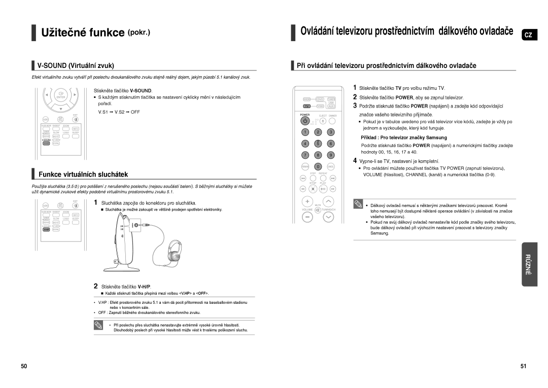 Samsung HT-X200R/XEF, HT-X200R/XEO manual Užitečné funkce pokr, Sound Virtuální zvuk, Funkce virtuálních sluchátek 