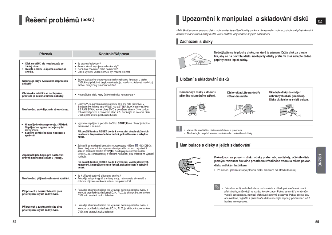 Samsung HT-X200R/XEF manual Řešení problémů pokr, Zacházení s disky, Uložení a skladování disků, Disku měkkým hadříkem 