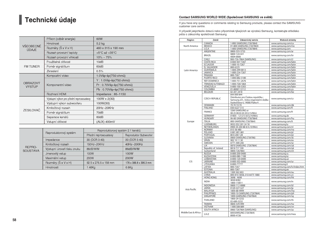 Samsung HT-X200R/XEF, HT-X200R/XEO manual Technické údaje 