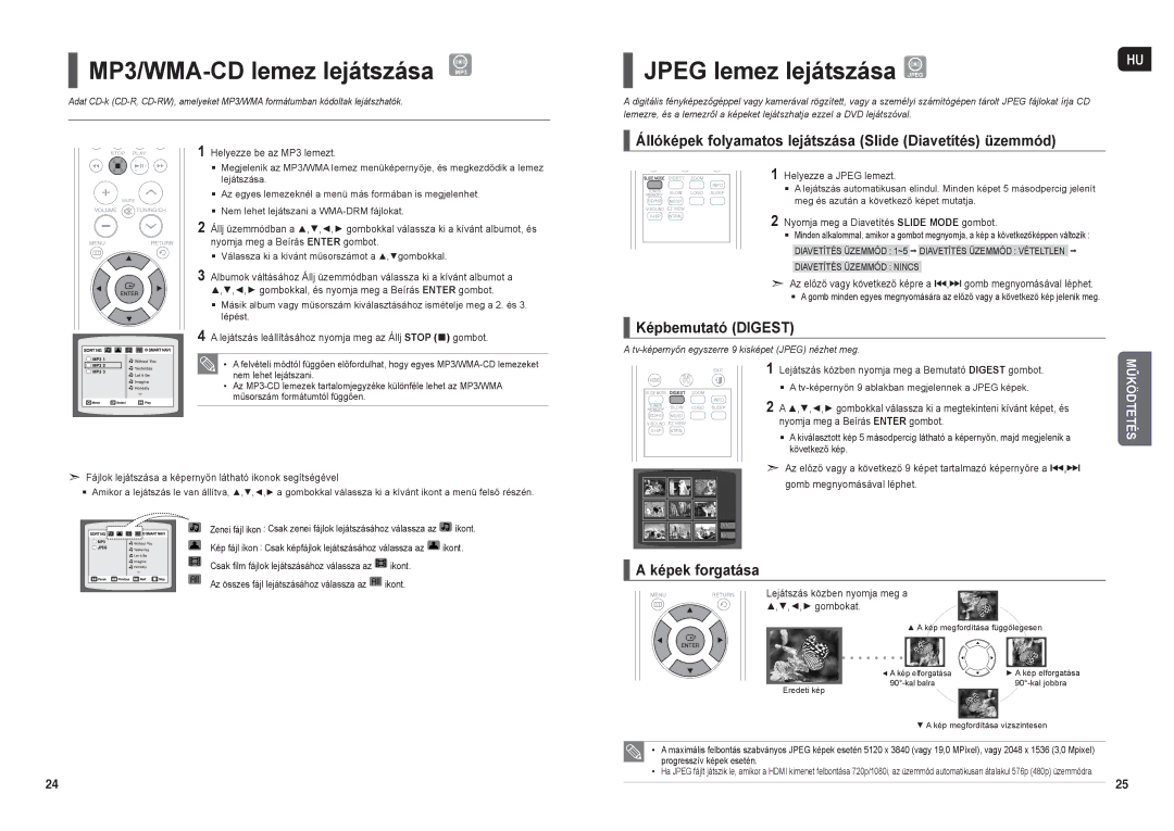 Samsung HT-X200R/XET MP3/WMA-CD lemez lejátszása MP3, Jpeg lemez lejátszása Jpeghu, Képbemutató Digest, Képek forgatása 