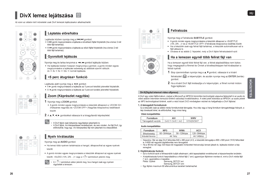 Samsung HT-X200R/XEO, HT-X200R/XEF, HT-X200R/XET manual DivX lemez lejátszása DivX 