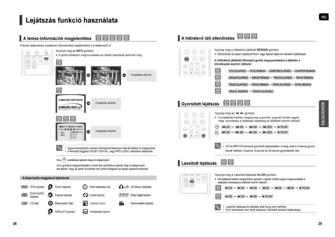 Samsung HT-X200R/XEF, HT-X200R/XET manual Lejátszás funkció használata, Lemez-információk megjelenítése DVD CD MP3 Jpeg DivX 