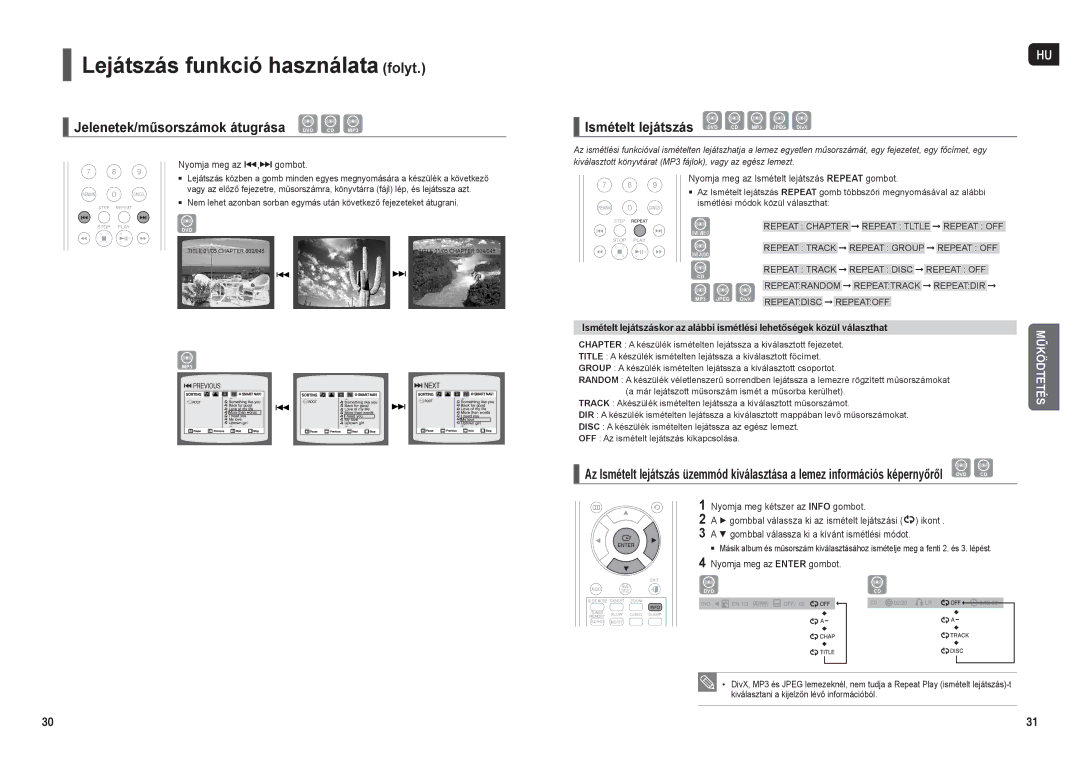 Samsung HT-X200R/XET, HT-X200R/XEF manual Lejátszás funkció használata folyt, Jelenetek/műsorszámok átugrása DVD CD MP3 