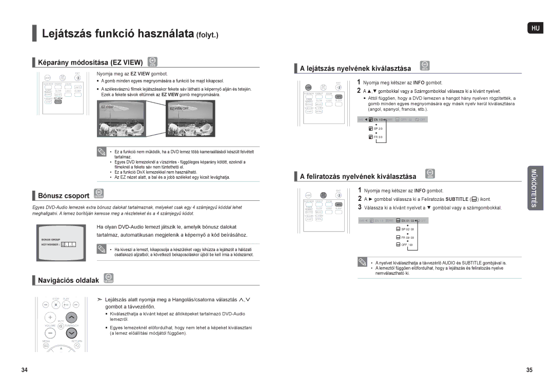 Samsung HT-X200R/XEF, HT-X200R/XET Képarány módosítása EZ View DVD, Bónusz csoport DVD-AUDIO, Navigációs oldalak DVD-AUDIO 
