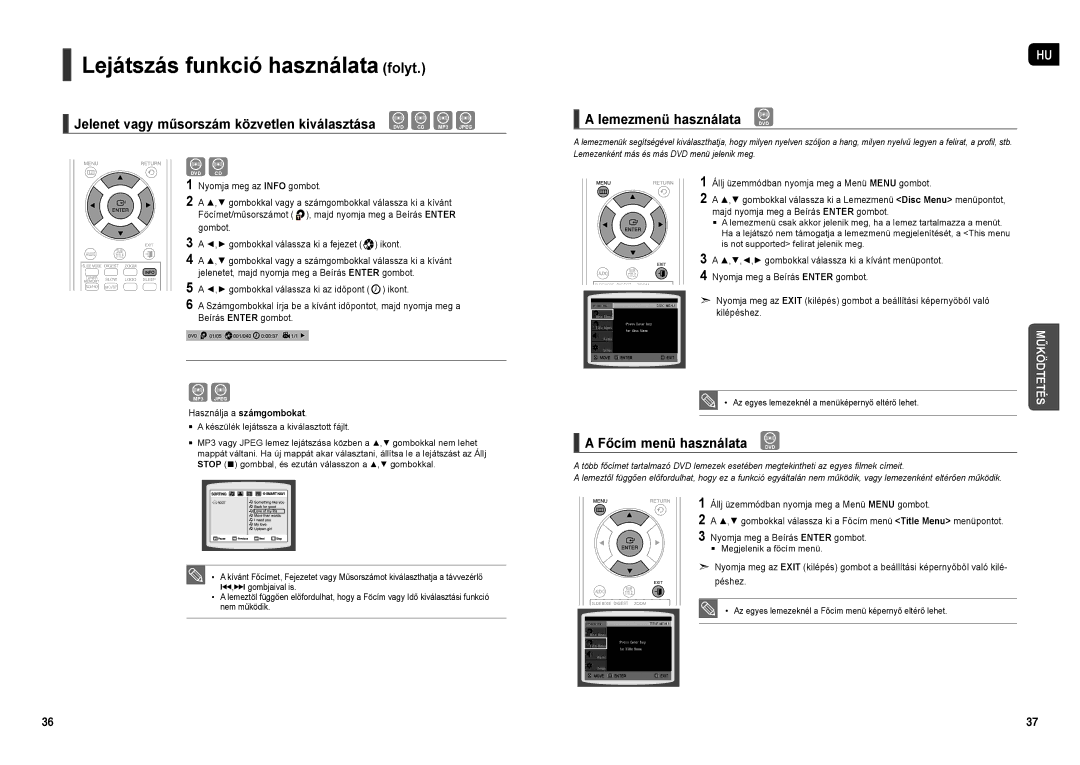 Samsung HT-X200R/XET, HT-X200R/XEF, HT-X200R/XEO manual Lemezmenü használata DVD, Főcím menü használata DVD 