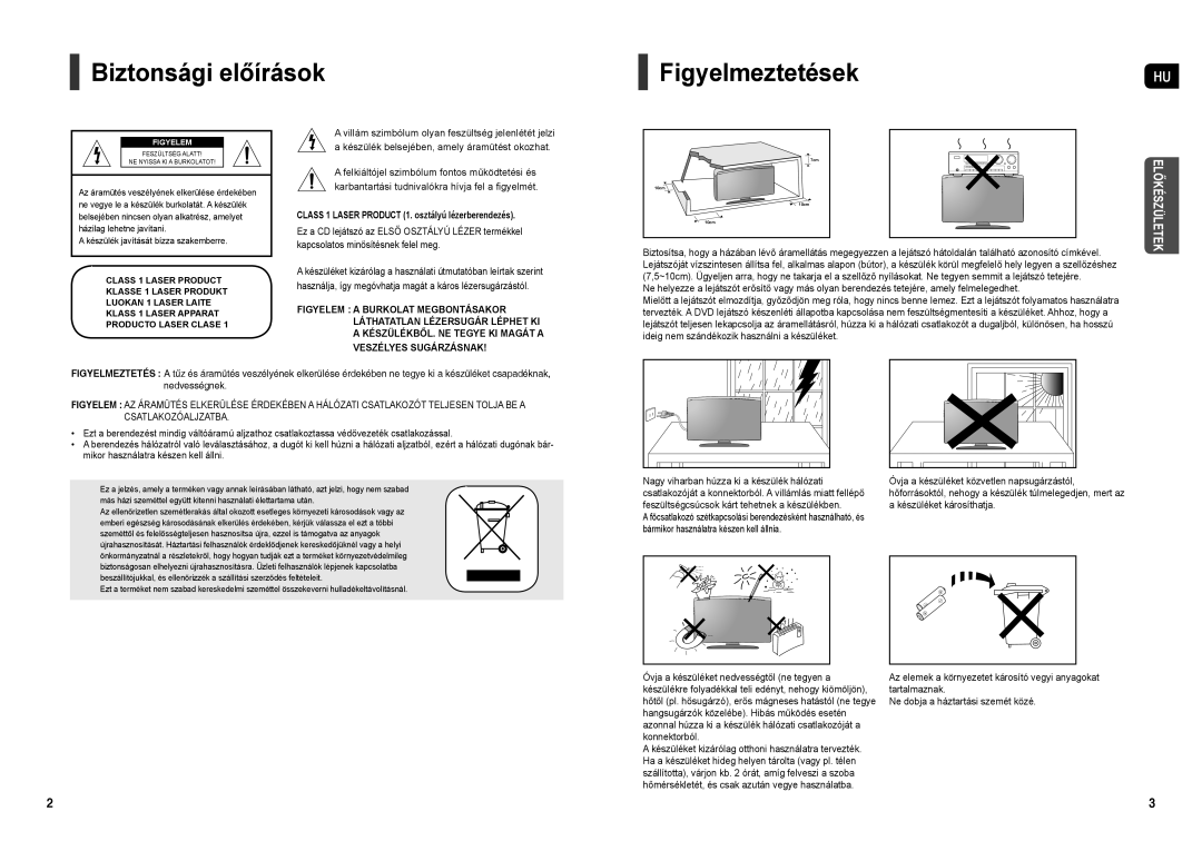 Samsung HT-X200R/XEO manual Biztonsági előírások FigyelmeztetésekHU, Class 1 Laser Product 1. osztályú lézerberendezés 