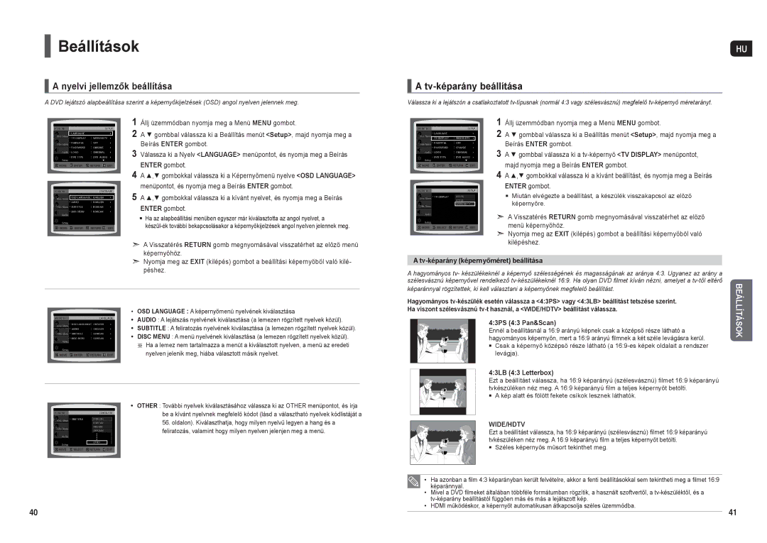 Samsung HT-X200R/XEF, HT-X200R/XET, HT-X200R/XEO manual Beállítások, Nyelvi jellemzők beállítása, Tv-képarány beállítása 