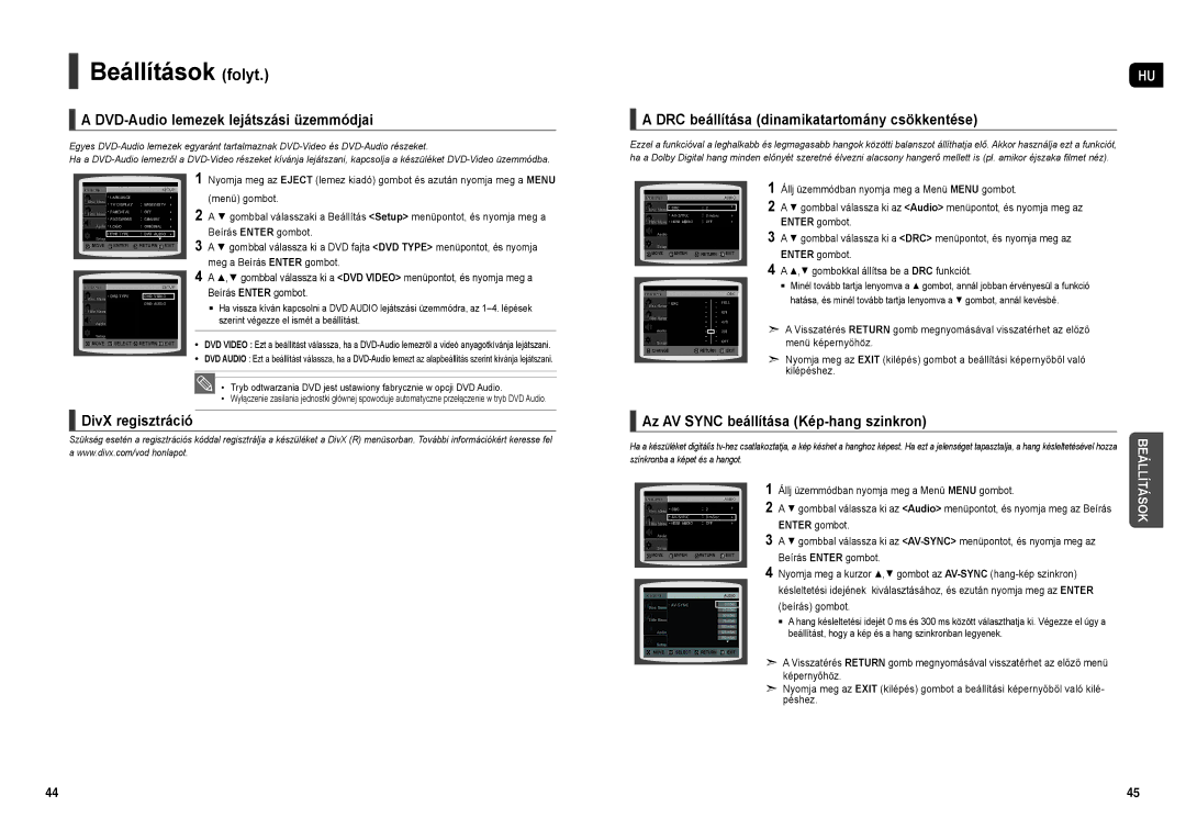 Samsung HT-X200R/XEO, HT-X200R/XEF DVD-Audio lemezek lejátszási üzemmódjai, DRC beállítása dinamikatartomány csökkentése 