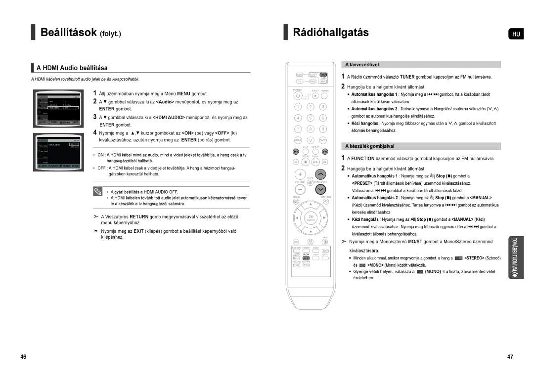 Samsung HT-X200R/XEF, HT-X200R/XET manual RádióhallgatásHU, Hdmi Audio beállítása, Távvezérlővel, Készülék gombjaival 