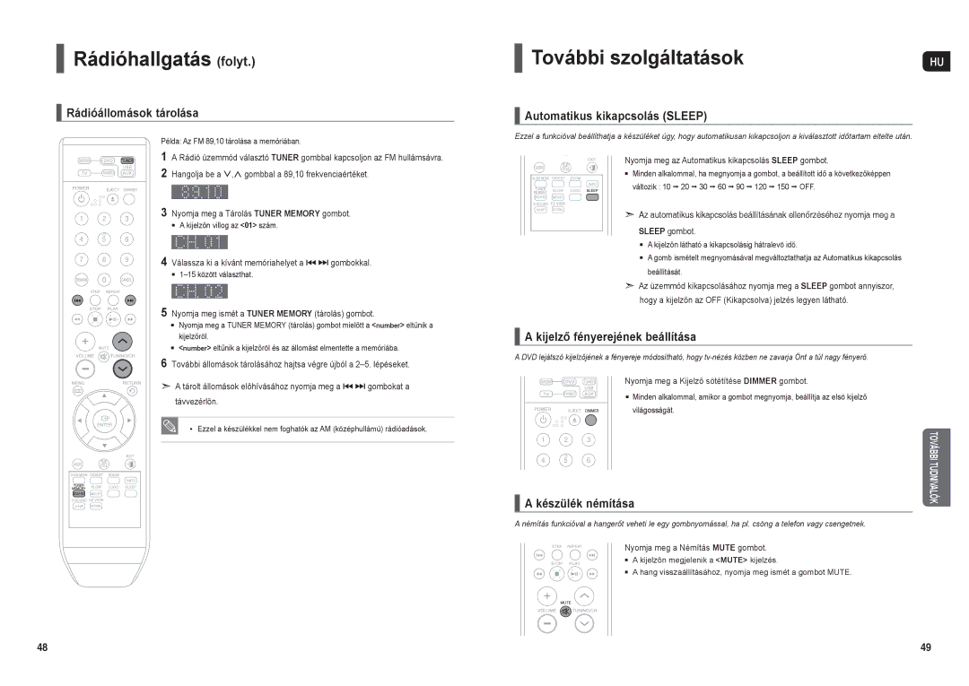 Samsung HT-X200R/XET, HT-X200R/XEF manual Rádióhallgatás folyt, Rádióállomások tárolása, Automatikus kikapcsolás Sleep 