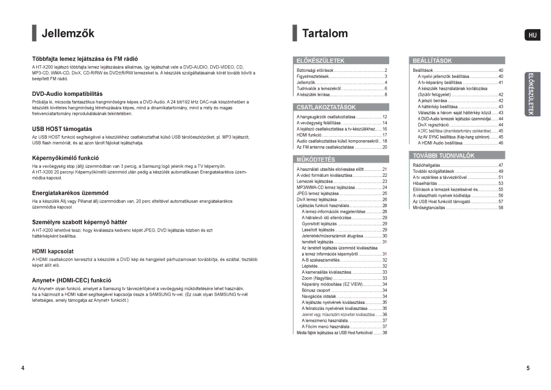 Samsung HT-X200R/XEF, HT-X200R/XET, HT-X200R/XEO manual Jellemzők, Tartalom 