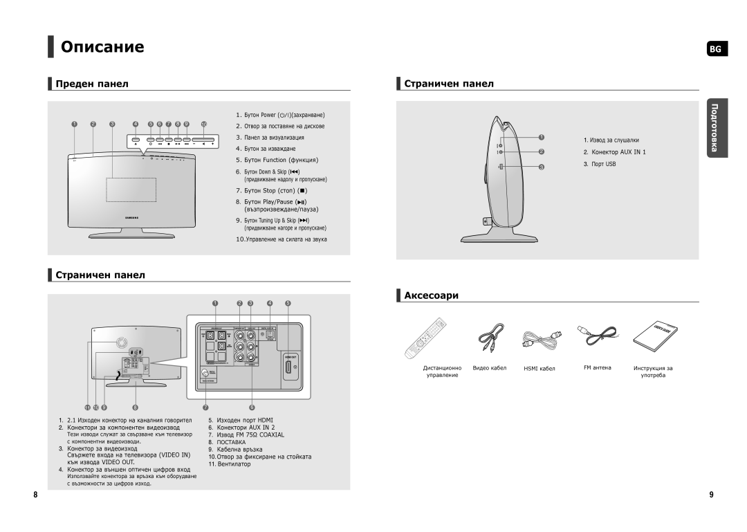 Samsung HT-X200R/XEO manual Описание, Преден панел, Страничен панел, Аксесоари 