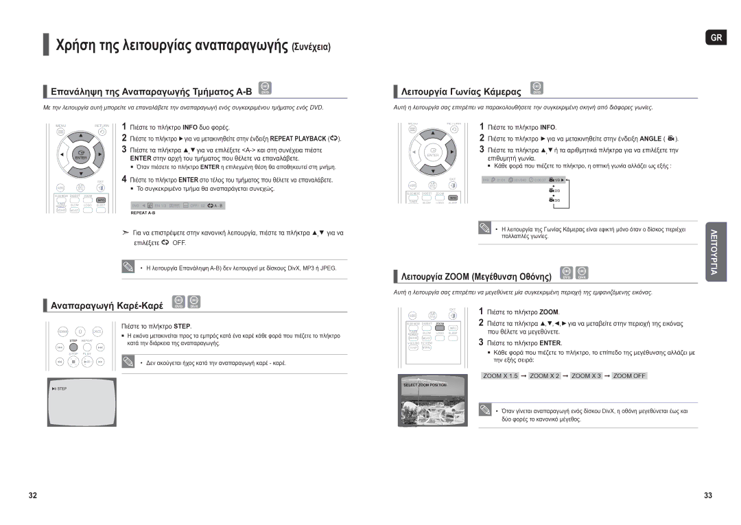 Samsung HT-X200R/XEO manual Επανάληψη της Αναπαραγωγής Τμήματος Α-Β DVD, Αναπαραγωγή Καρέ-Καρέ 