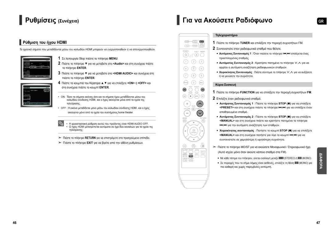 Samsung HT-X200R/XEO manual Για να Ακούσετε Ραδιόφωνο, Ρύθμιση του ήχου Hdmi, Δiaφopa 