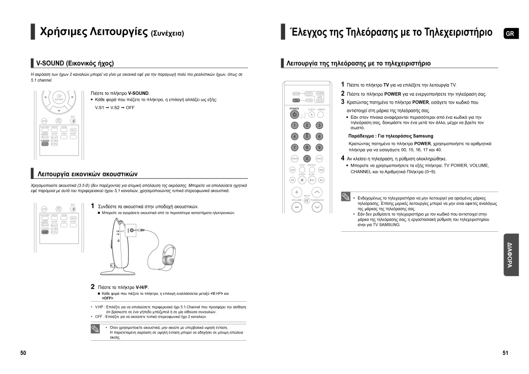 Samsung HT-X200R/XEO manual Χρήσιμες Λειτουργίες Συνέχεια, Sound Εικονικός ήχος, Λειτουργία εικονικών ακουστικών 