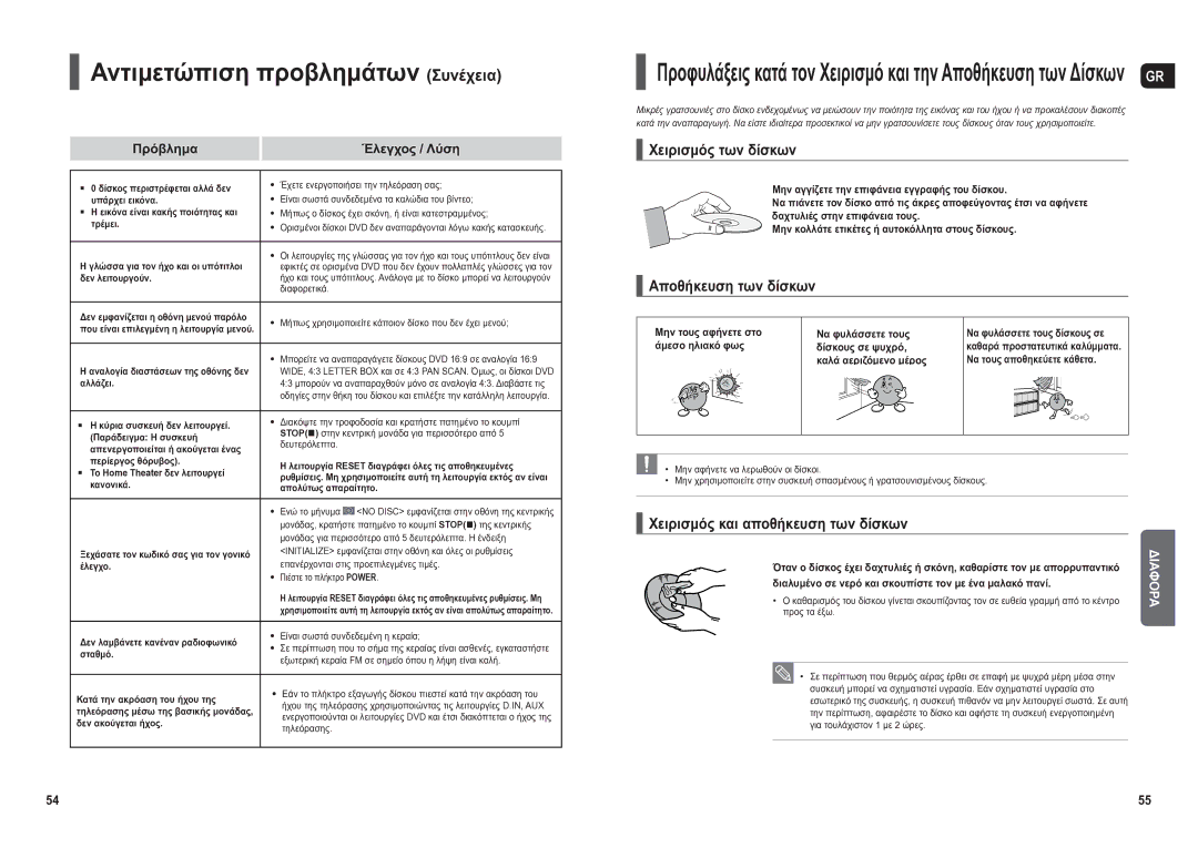 Samsung HT-X200R/XEO manual Αντιμετώπιση προβλημάτων Συνέχεια, Χειρισμός των δίσκων, Αποθήκευση των δίσκων, Opa 