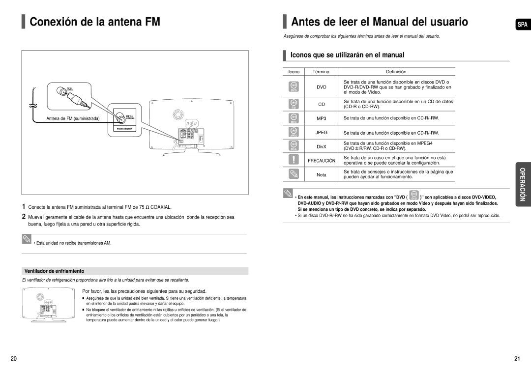 Samsung HT-X200T/MEA Conexión de la antena FM, Antes de leer el Manual del usuario, Iconos que se utilizarán en el manual 