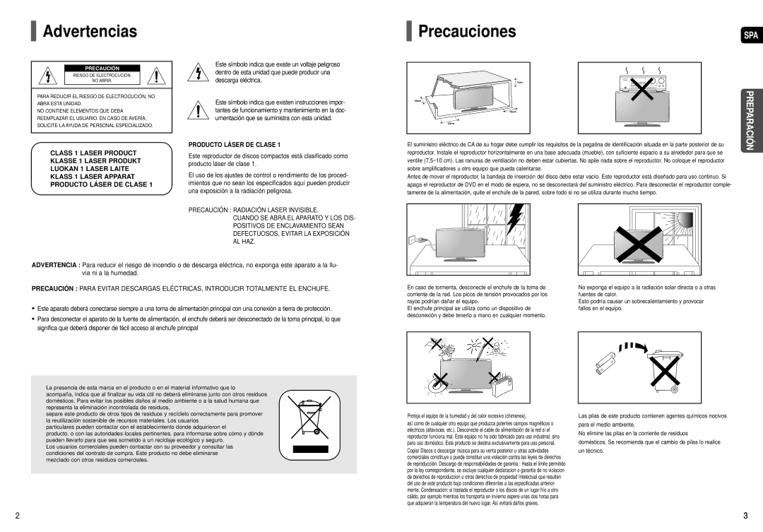 Samsung HT-X200T/MEA, HT-X200R/XET, HT-X200R/XEO manual Advertencias, Precauciones 