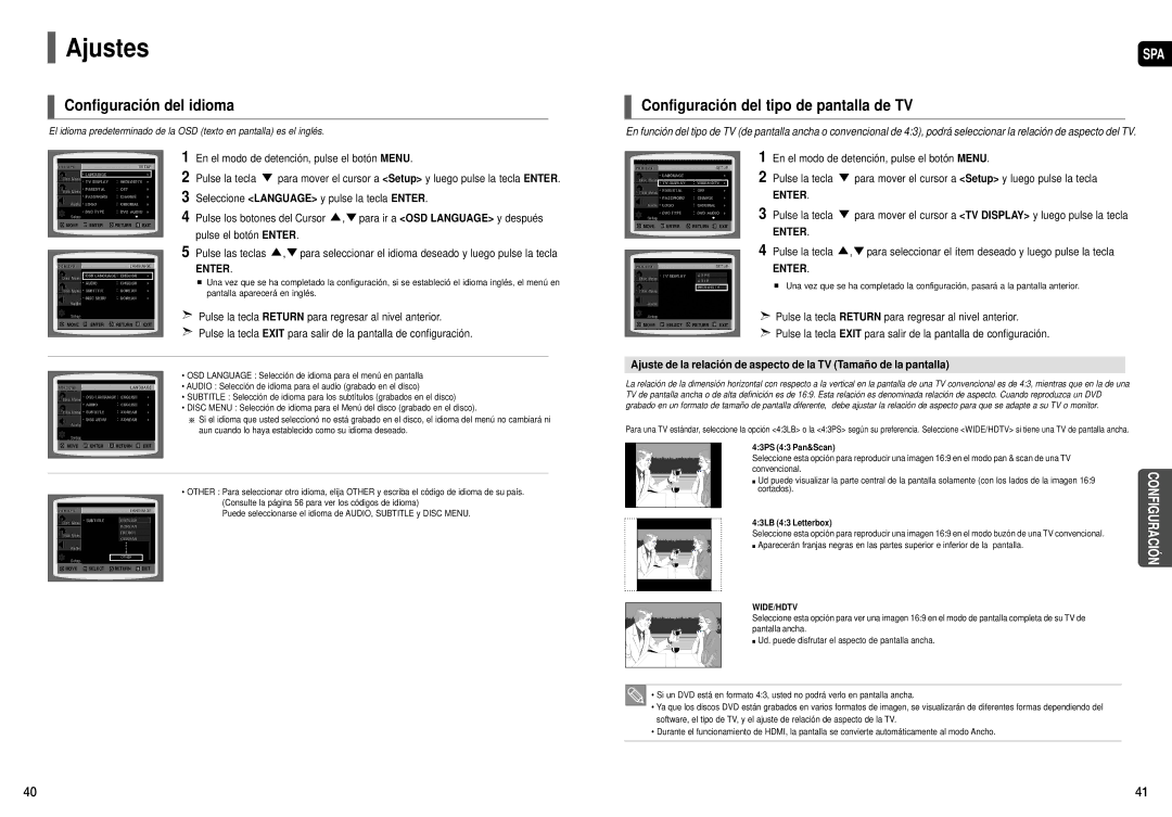 Samsung HT-X200R/XET, HT-X200R/XEO manual Ajustes, Configuración del idioma, Configuración del tipo de pantalla de TV 