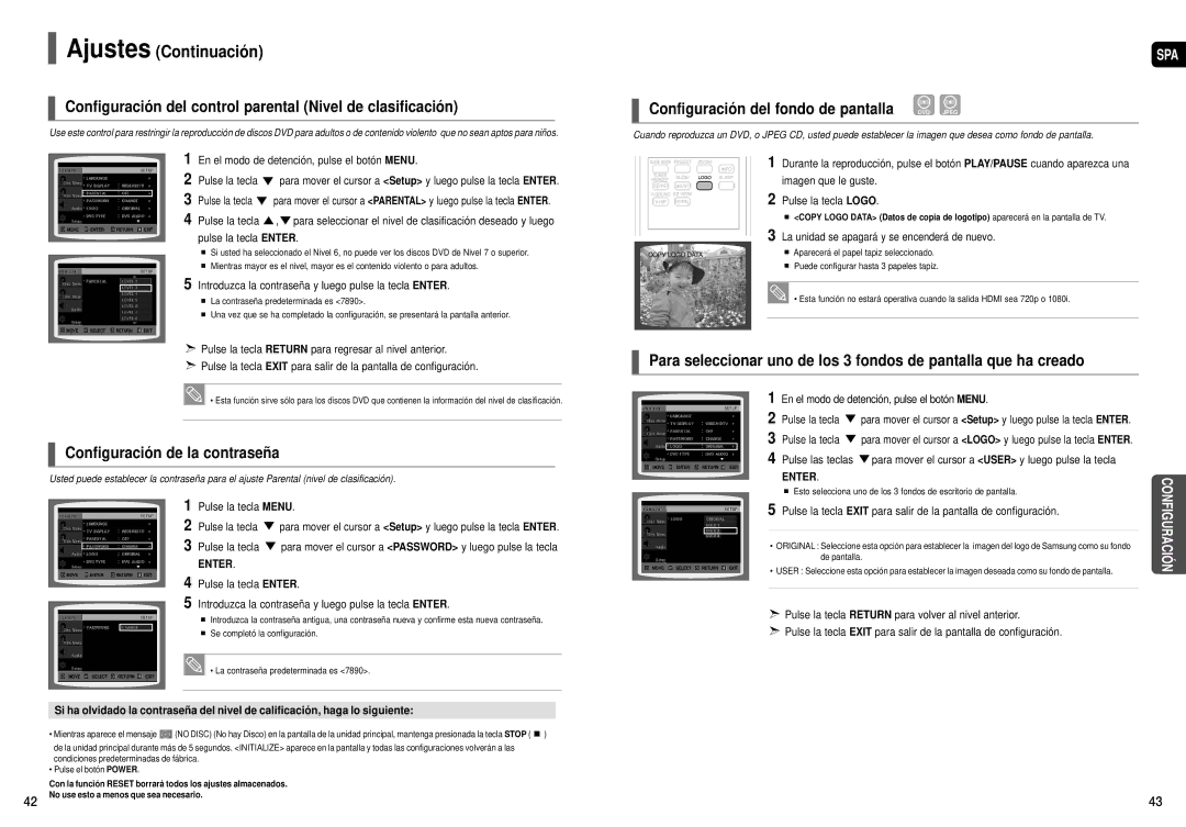 Samsung HT-X200R/XEO manual Configuración del control parental Nivel de clasificación, Configuración de la contraseña 