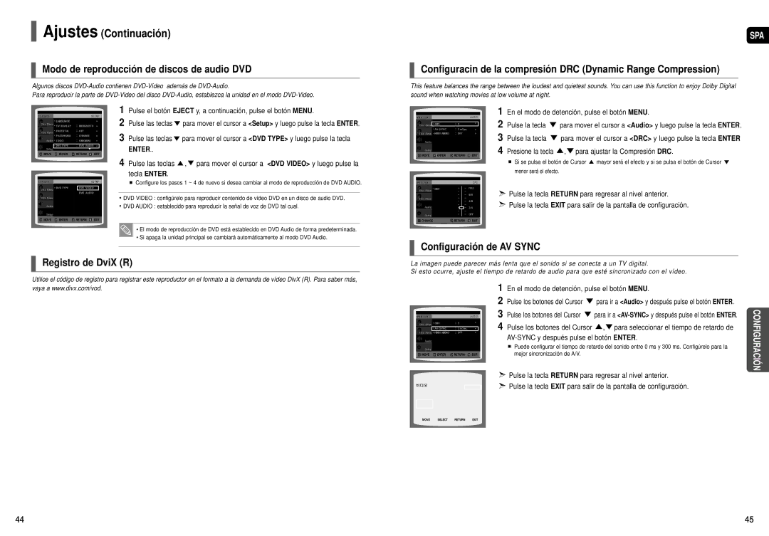 Samsung HT-X200T/MEA manual Modo de reproducción de discos de audio DVD, Registro de DviX R, Configuración de AV Sync 