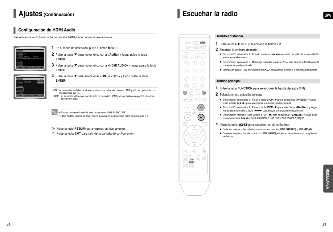 Samsung HT-X200R/XET, HT-X200R/XEO Escuchar la radio, Configuración de Hdmi Audio, Mando a distancia, Unidad principal 