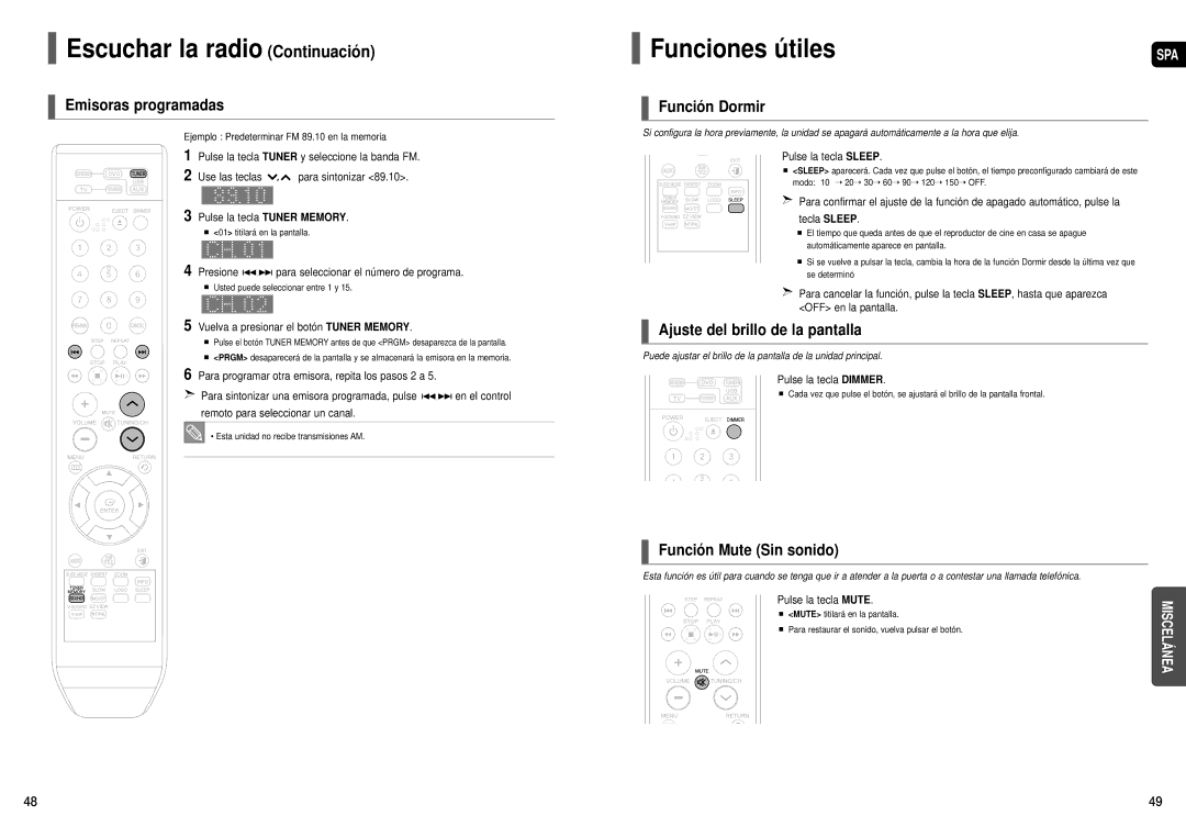 Samsung HT-X200R/XEO, HT-X200R/XET, HT-X200T/MEA manual Escuchar la radio Continuación, Funciones útiles 