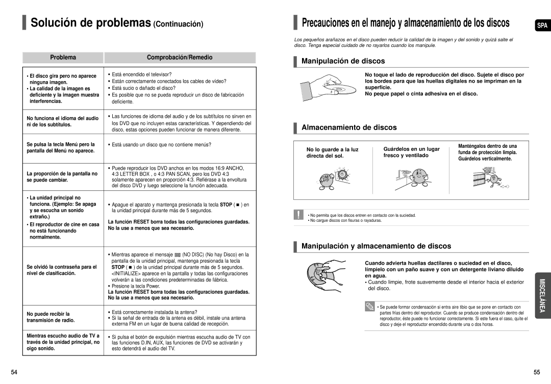 Samsung HT-X200R/XEO, HT-X200R/XET Solución de problemas Continuación, Manipulación de discos, Almacenamiento de discos 