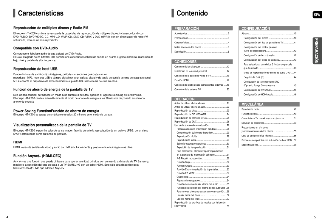 Samsung HT-X200R/XET, HT-X200R/XEO, HT-X200T/MEA manual Características, Contenido 