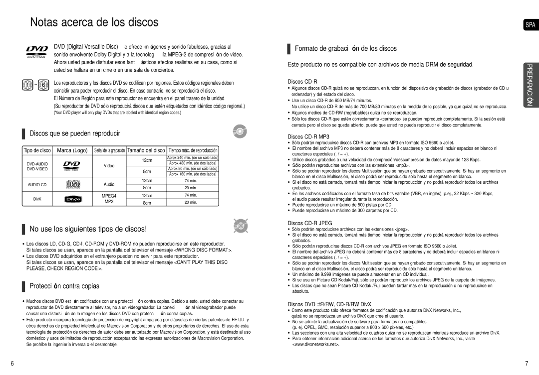 Samsung HT-X200R/XEO, HT-X200R/XET Notas acerca de los discos, Discos que se pueden reproducir, Protección contra copias 