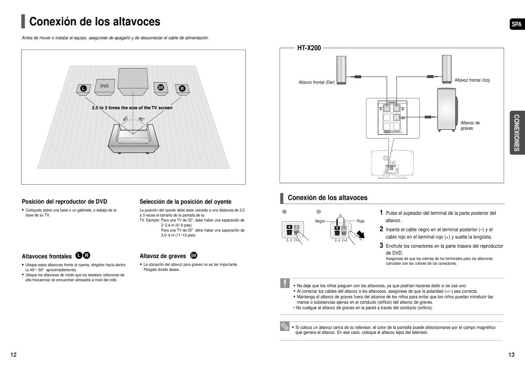 Samsung HT-X200R/XEO, HT-X200R/XET, HT-X200T/MEA manual Conexión de los altavoces 