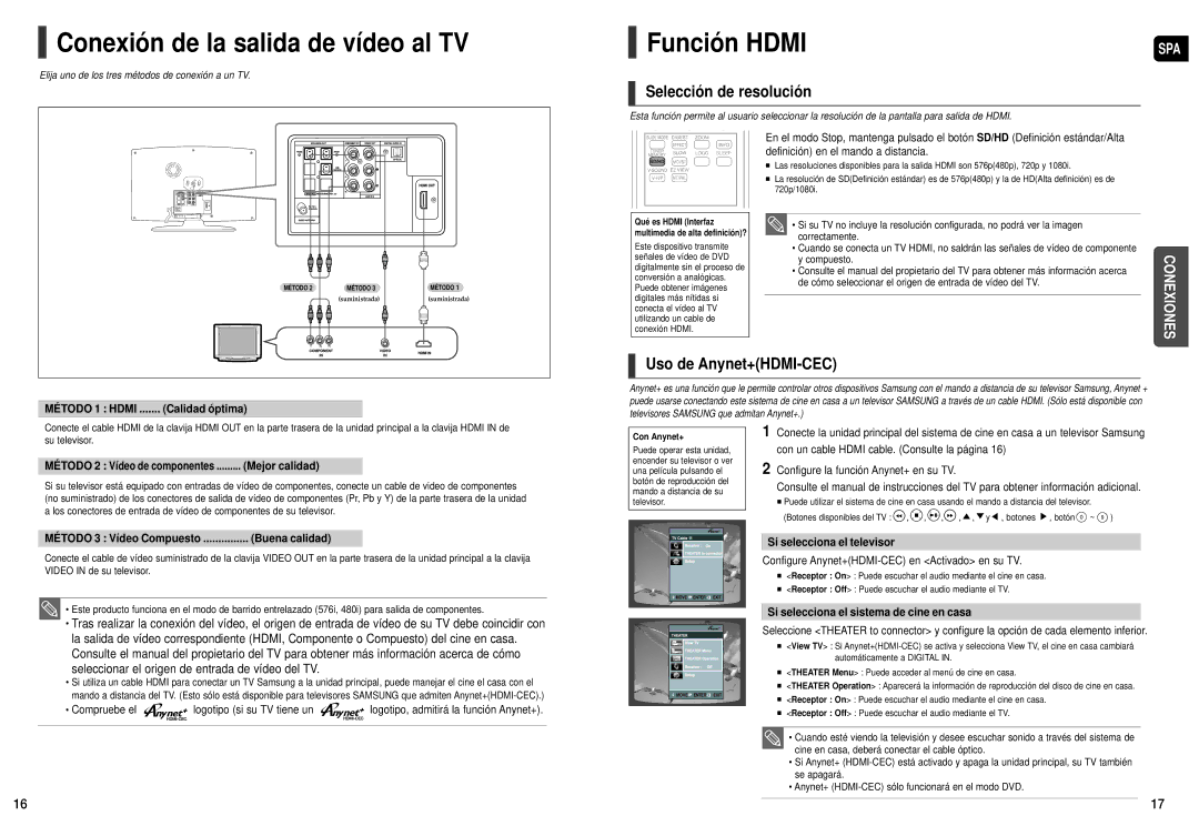 Samsung HT-X200R/XET Conexión de la salida de vídeo al TV, Función Hdmi, Selección de resolución, Uso de Anynet+HDMI-CEC 