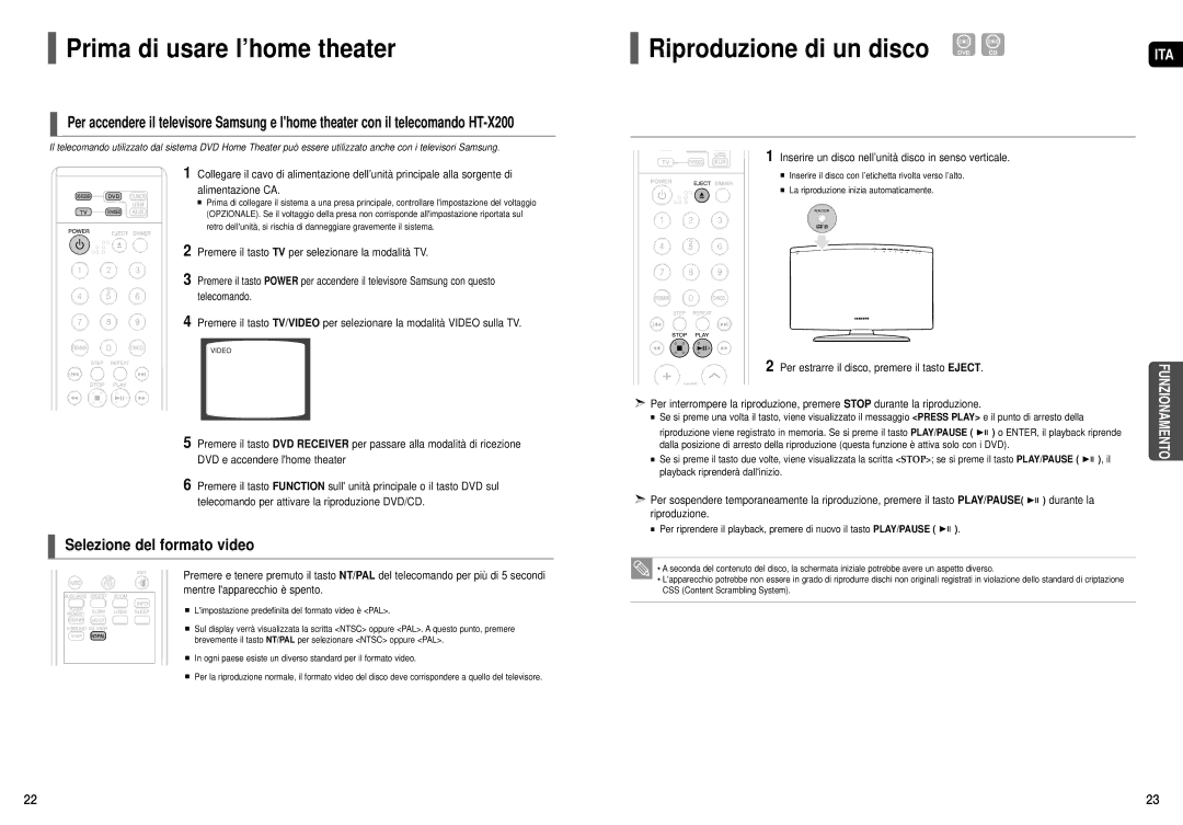 Samsung HT-X200R/XET manual Riproduzione di un disco, Inserire un disco nell’unità disco in senso verticale 