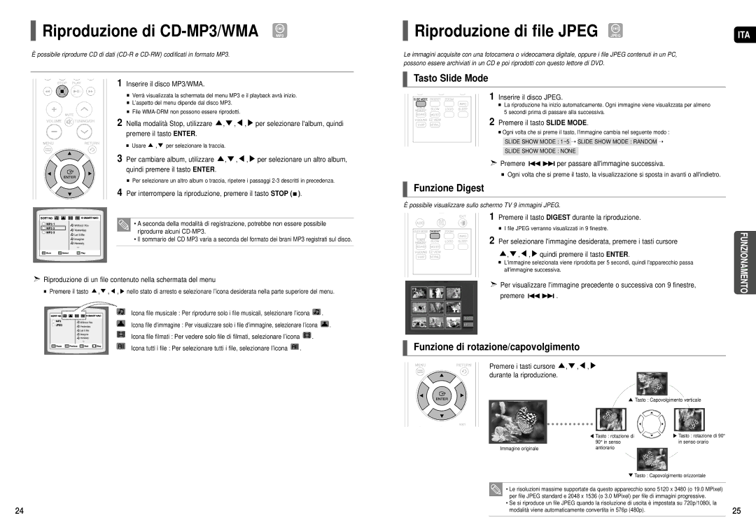 Samsung HT-X200R/XET Riproduzione di CD-MP3/WMA MP3, Riproduzione di file Jpeg Jpeg, Tasto Slide Mode, Funzione Digest 