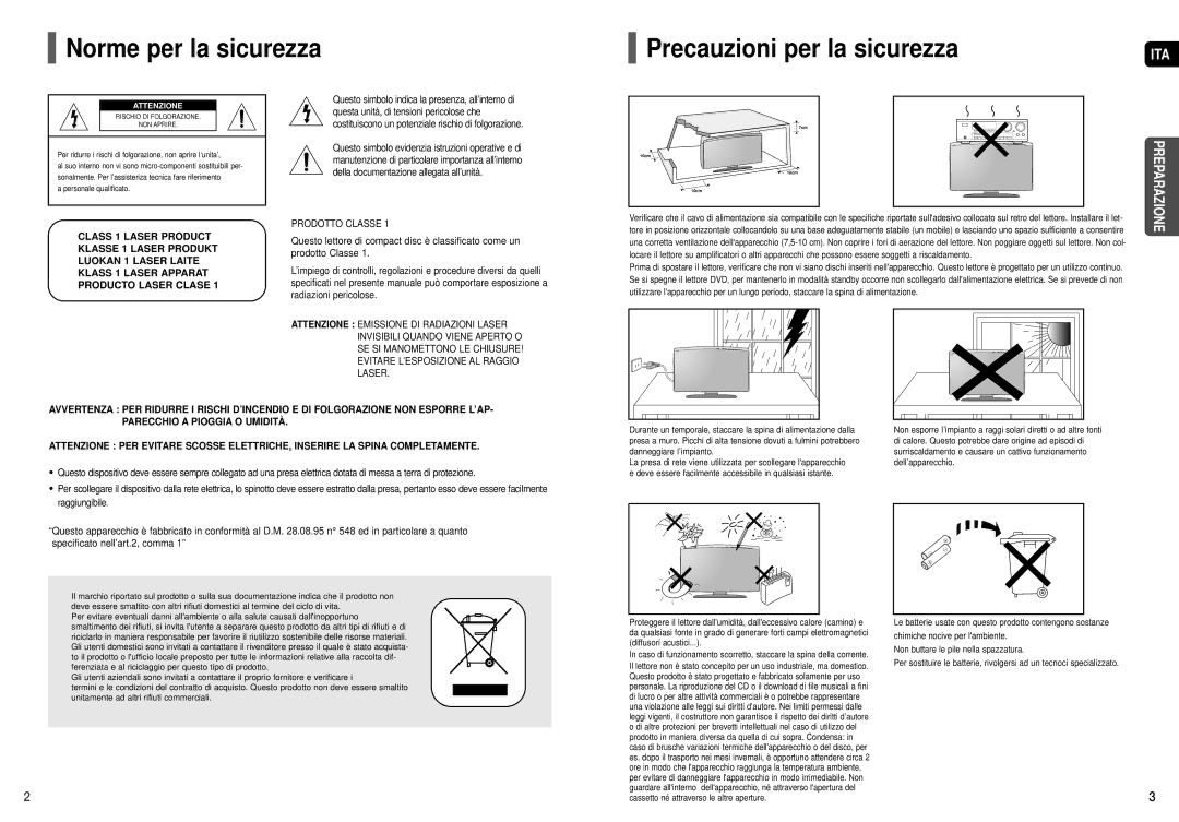 Samsung HT-X200R/XET manual Norme per la sicurezza, Precauzioni per la sicurezza 