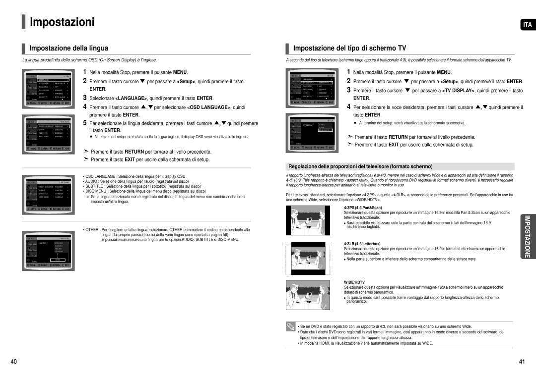 Samsung HT-X200R/XET manual Impostazioni, Impostazione della lingua, Impostazione del tipo di schermo TV 