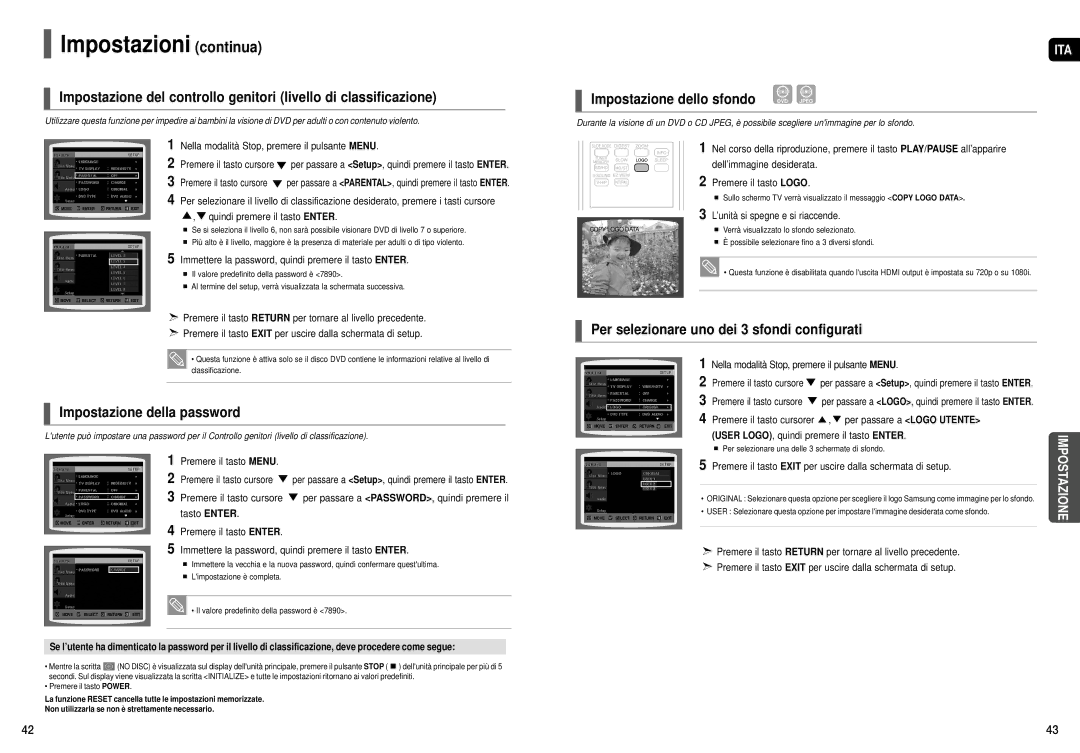 Samsung HT-X200R/XET Impostazioni continua, Impostazione della password, Per selezionare uno dei 3 sfondi configurati 