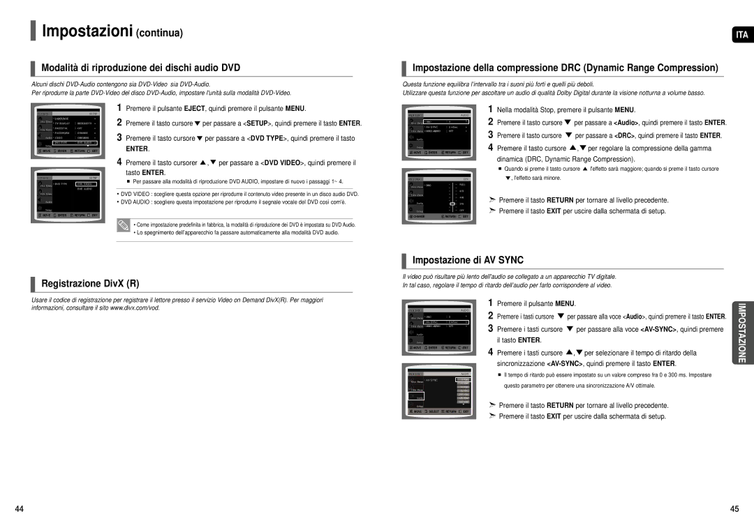 Samsung HT-X200R/XET manual Modalità di riproduzione dei dischi audio DVD, Impostazione di AV Sync Registrazione DivX R 