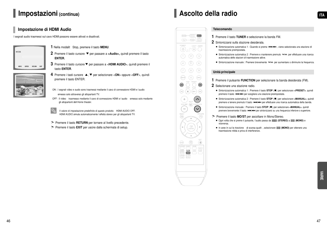 Samsung HT-X200R/XET manual Ascolto della radio, Impostazione di Hdmi Audio, Telecomando, Unità principale 