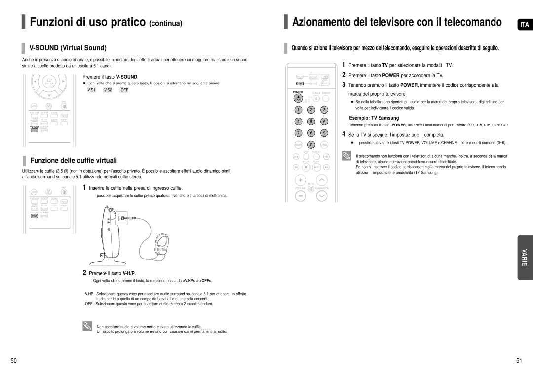 Samsung HT-X200R/XET manual Funzioni di uso pratico continua, Sound Virtual Sound, Funzione delle cuffie virtuali 