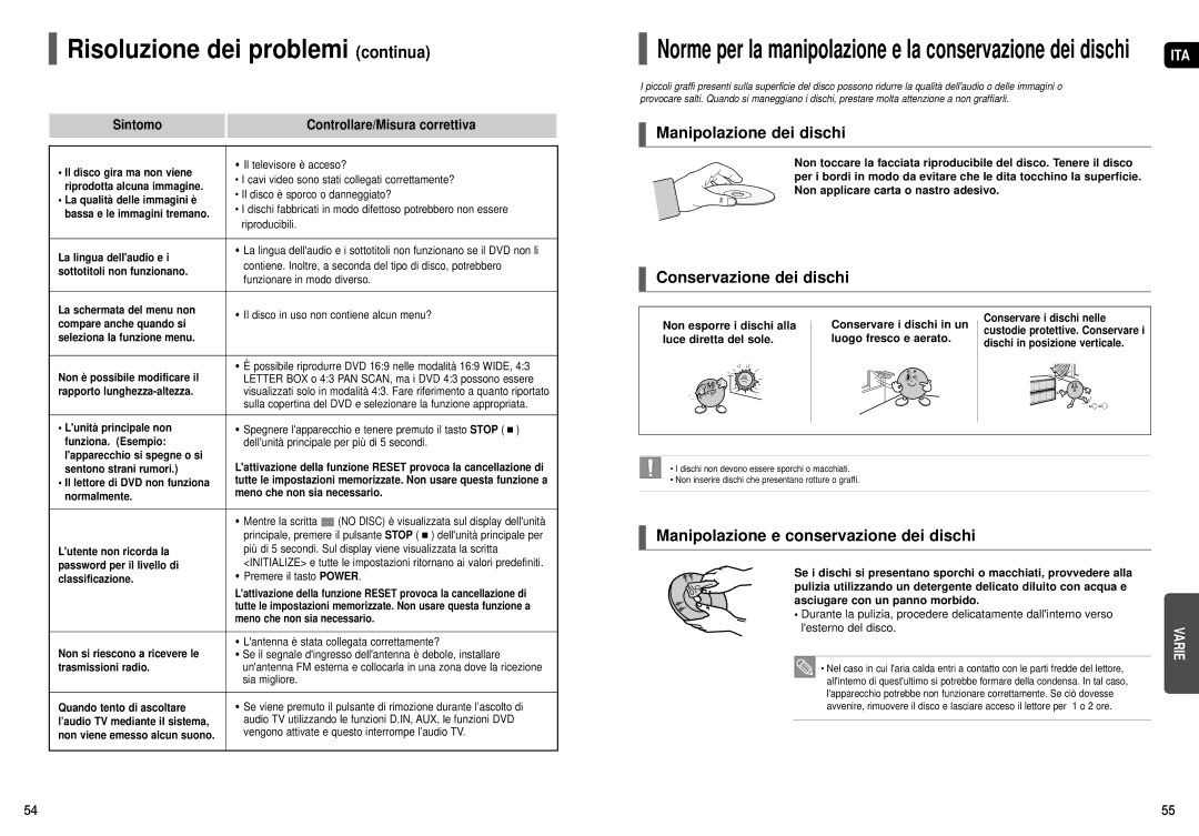 Samsung HT-X200R/XET manual Risoluzione dei problemi continua, Manipolazione dei dischi, Conservazione dei dischi 