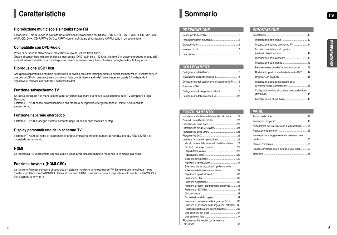 Samsung HT-X200R/XET manual Caratteristiche, Sommario 