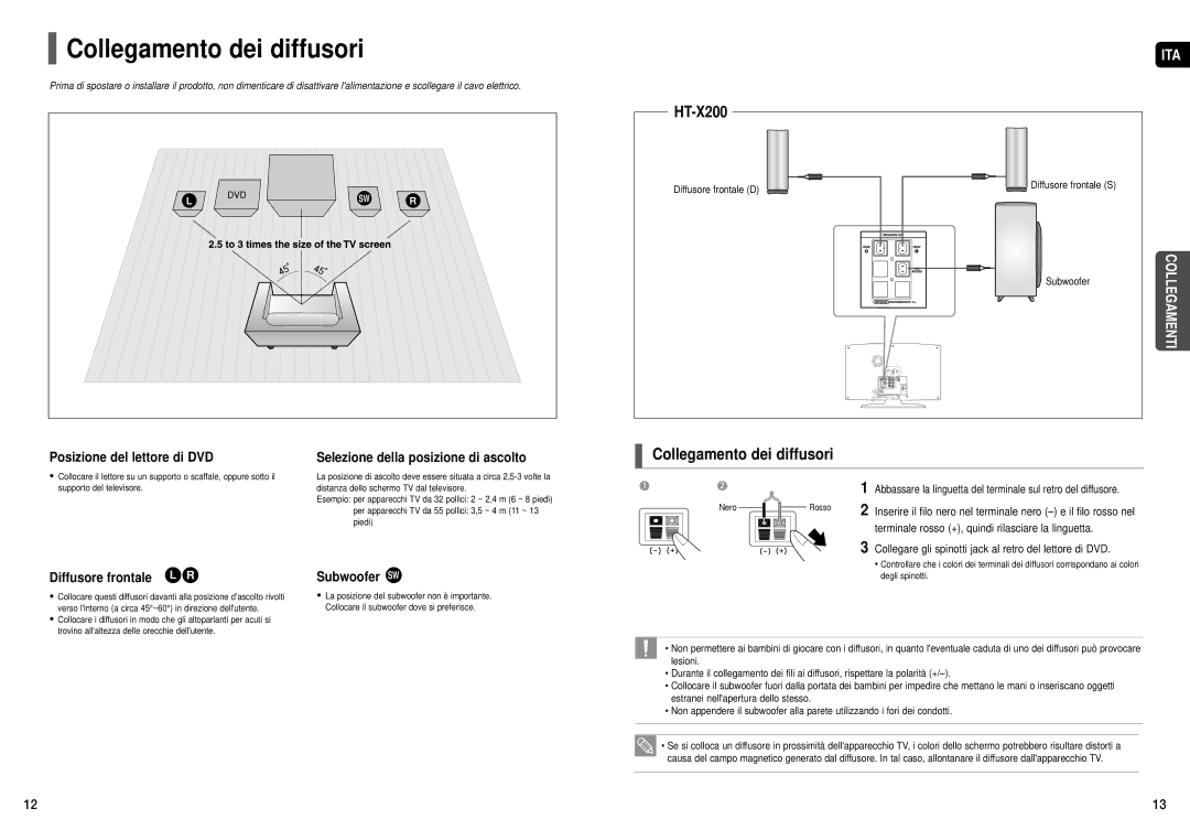 Samsung HT-X200R/XET manual Collegamento dei diffusori, Diffusore frontale L R, Subwoofer SW 