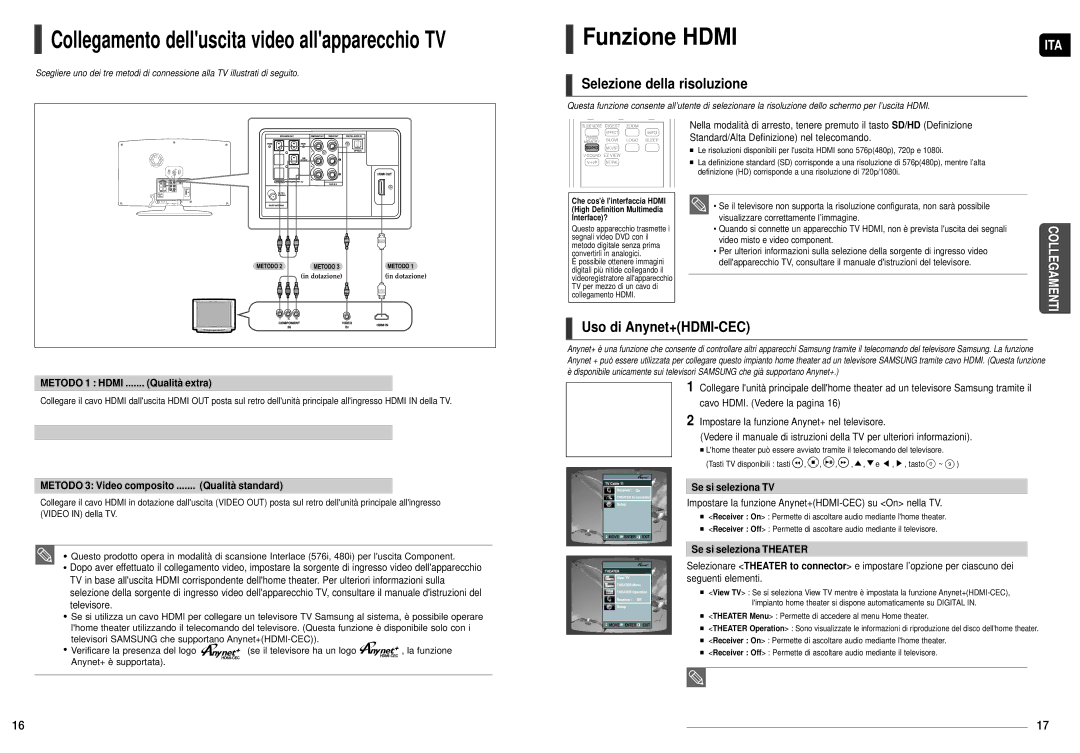 Samsung HT-X200R/XET manual Funzione Hdmi, Selezione della risoluzione, Uso di Anynet+HDMI-CEC 