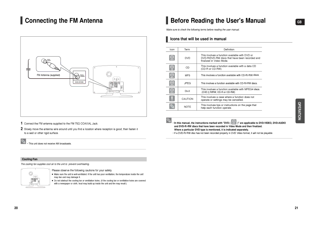 Samsung HT-X200R/XEO, HT-X200T/ADL, HT-X200R/XEF Connecting the FM Antenna, Icons that will be used in manual, Cooling Fan 